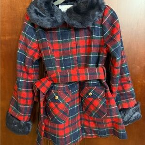 Janie and Jack x American Girl Red Plaid Pea Coat with Faux Fur